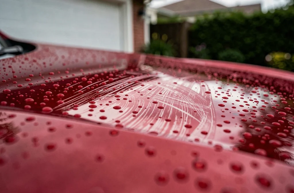 Gros plan sur une carrosserie rouge métallisée après nettoyage haute pression, révélant des microrayures et des gouttes d'eau sur le vernis