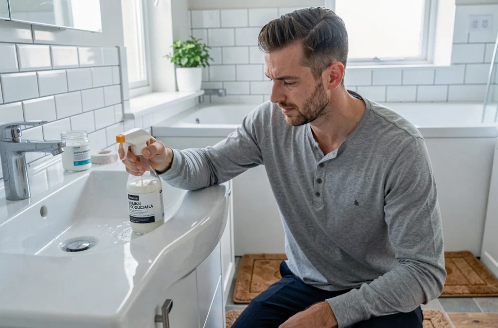 Homme nettoyant sa salle de bain avec un produit ménager écologique fait maison à base d'ingrédients naturels