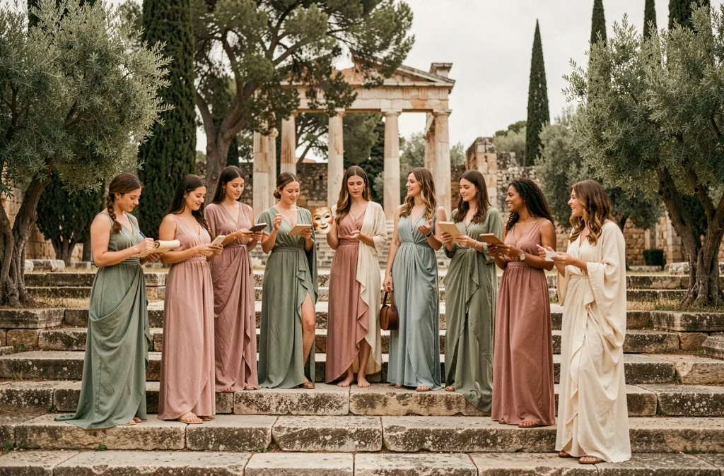 Groupe de femmes en robes gréco-romaines représentant les neuf Muses sur des marches de temple antique entourées d'oliviers