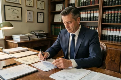 Notaire en costume marine examinant des actes de propriété dans un bureau parisien traditionnel lors d'un achat immobilier en copropriété
