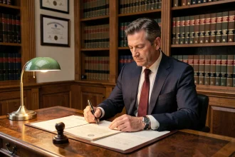 Notaire assis à son bureau en bois massif examinant des actes de propriété dans un cabinet notarial traditionnel