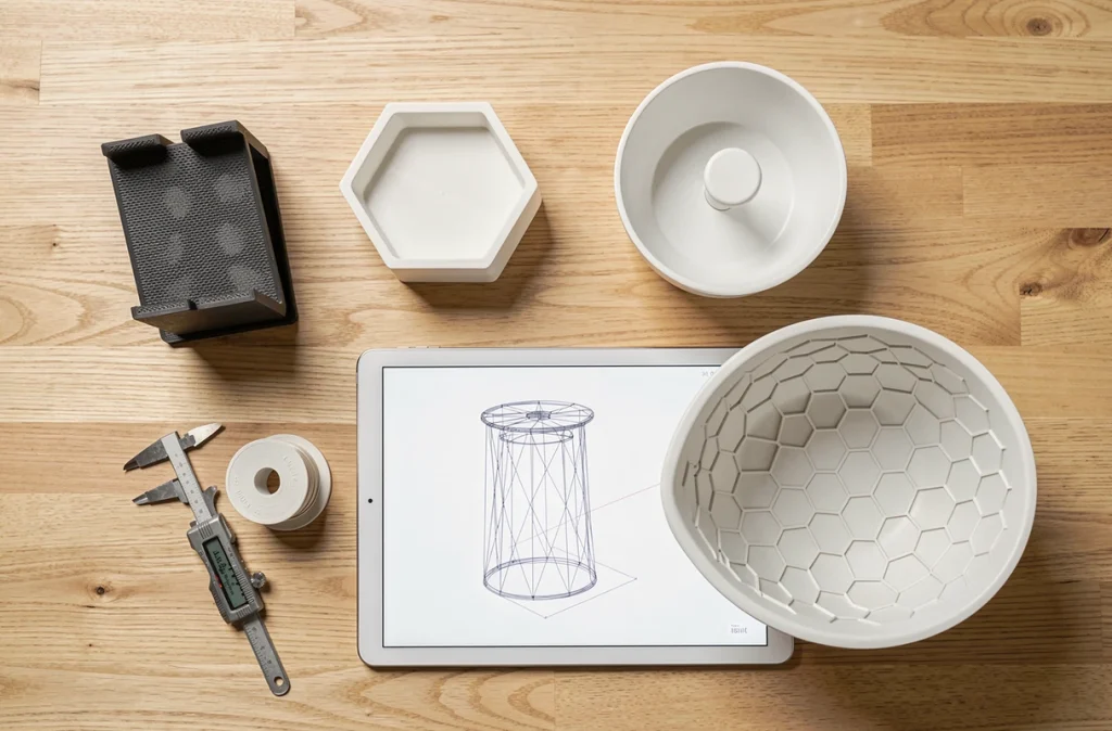 Vue à plat d'objets du quotidien redessinés grâce à l'impression 3D sur une table en bois avec outils de conception