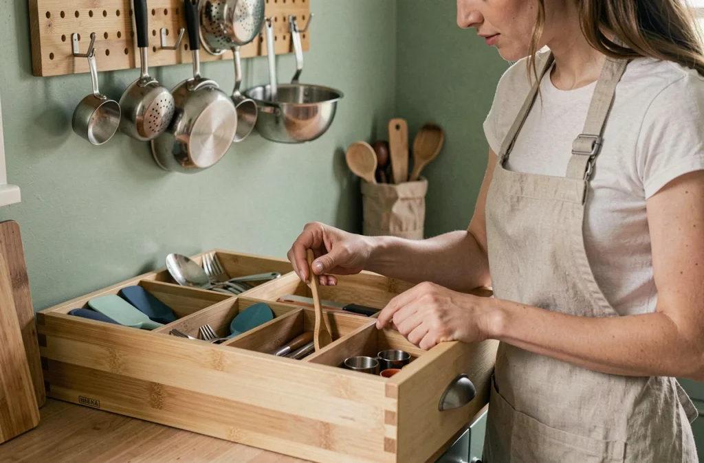 Femme organisant un tiroir de petite cuisine avec des séparateurs en bambou pour un rangement efficace des ustensiles