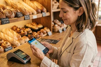 Femme payant sans contact avec son smartphone dans une boulangerie de quartier en France