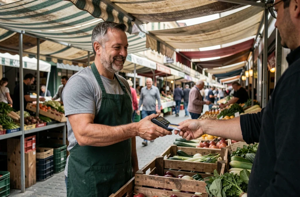 Commerçant de marché acceptant un paiement sans contact par carte bancaire en plein air