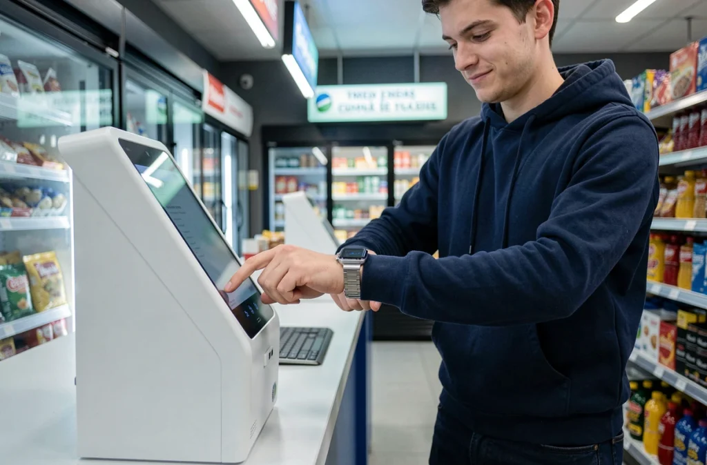 Jeune homme payant sans contact avec une montre connectée dans une épicerie urbaine