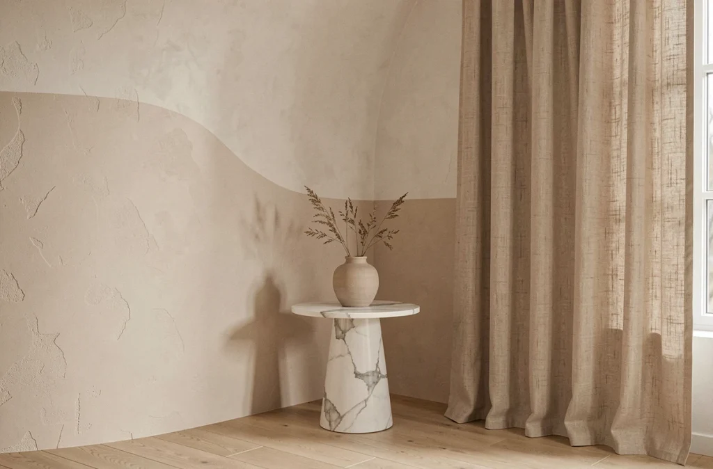 Coin séjour en palette monochrome blanc crème et terracotta pâle créant une illusion d'espace et de profondeur