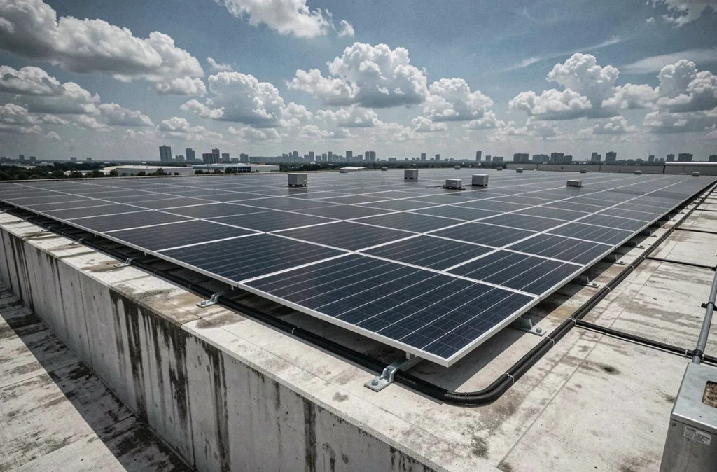 Panneaux solaires installés sur le toit d'un centre de données pour alimenter le stockage cloud en énergie renouvelable et réduire l'empreinte écologique numérique