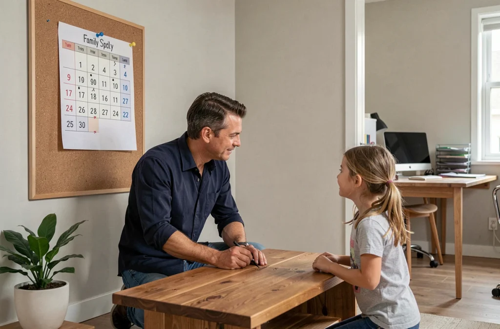 Père et fille élaborant ensemble un planning d'utilisation des écrans affiché sur un tableau en liège à la maison