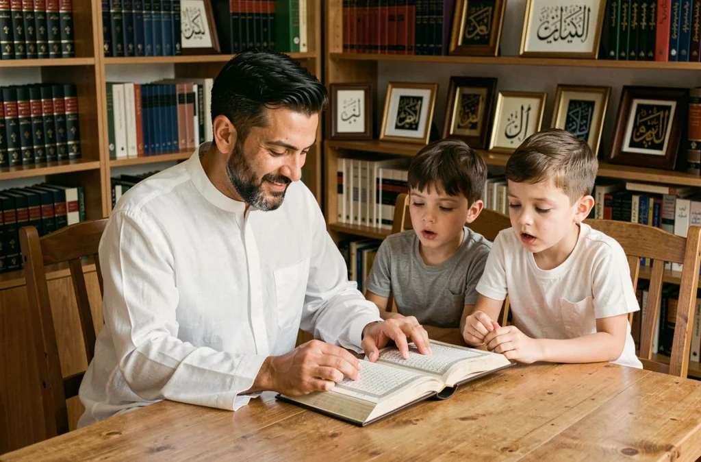 Père barbu lisant le Coran avec ses deux fils dans une bibliothèque familiale