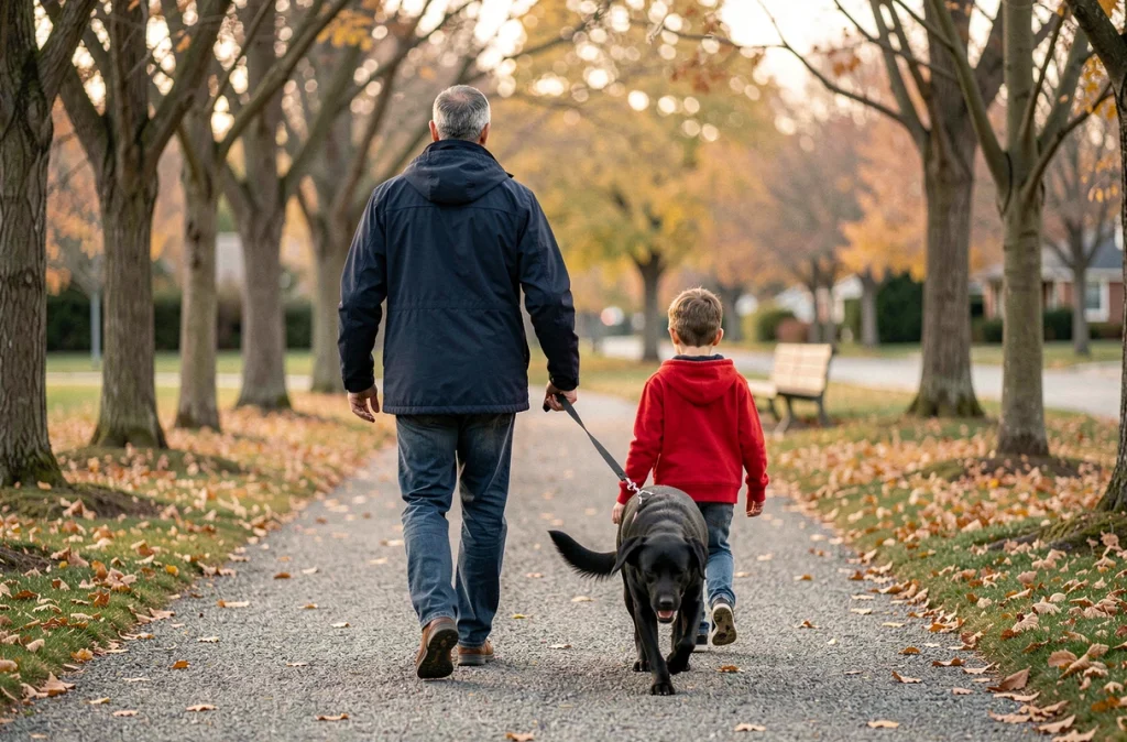 Un père et son fils se promènent dans un parc en automne avec leur nouveau chien Labrador noir adopté en famille, tenant la laisse ensemble