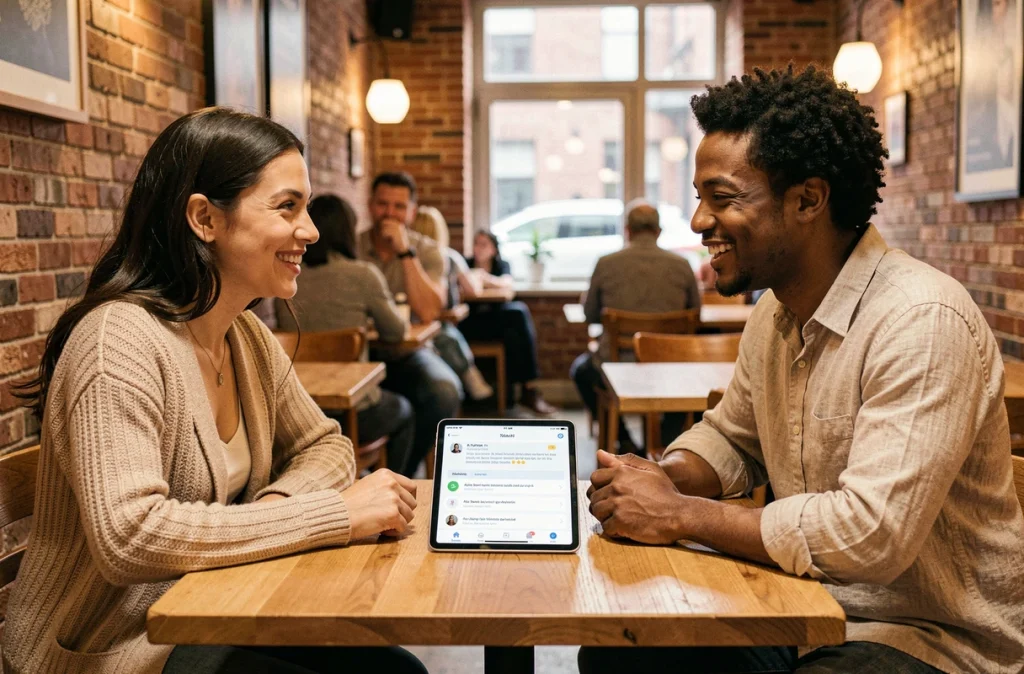 Deux personnes utilisant une application de traduction en temps réel basée sur l'intelligence artificielle dans un café urbain