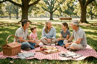 Famille réunie pour un pique-nique sur une grande couverture à carreaux dans un parc verdoyant avec panier en osier et plateau de fromages