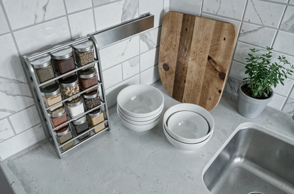 Vue en plongée d'un plan de travail de petite cuisine optimisé avec range-épices vertical, barre magnétique à couteaux et bols gigognes
