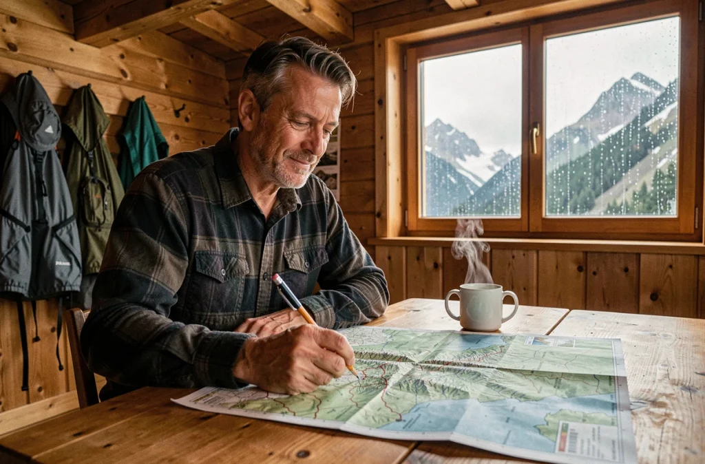 Randonneur planifiant un itinéraire sur une carte IGN au 25000 dans un refuge de montagne des Pyrénées