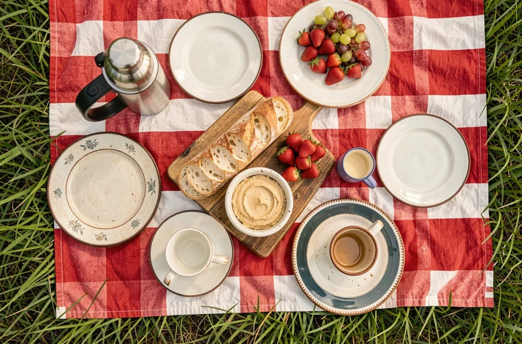 Vue aérienne d'un pique-nique soigneusement dressé avec planche charcuterie, fruits frais et vaisselle vintage sur une couverture à carreaux dans l'herbe