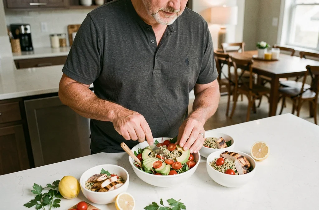 Homme portionnant une salade complète et équilibrée dans une cuisine moderne pour toute la famille