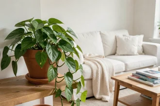 Plante pothos aux longues tiges retombantes dans un pot en terre cuite sur une étagère en bois dans un salon scandinave épuré