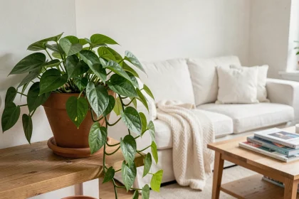 Plante pothos aux longues tiges retombantes dans un pot en terre cuite sur une étagère en bois dans un salon scandinave épuré