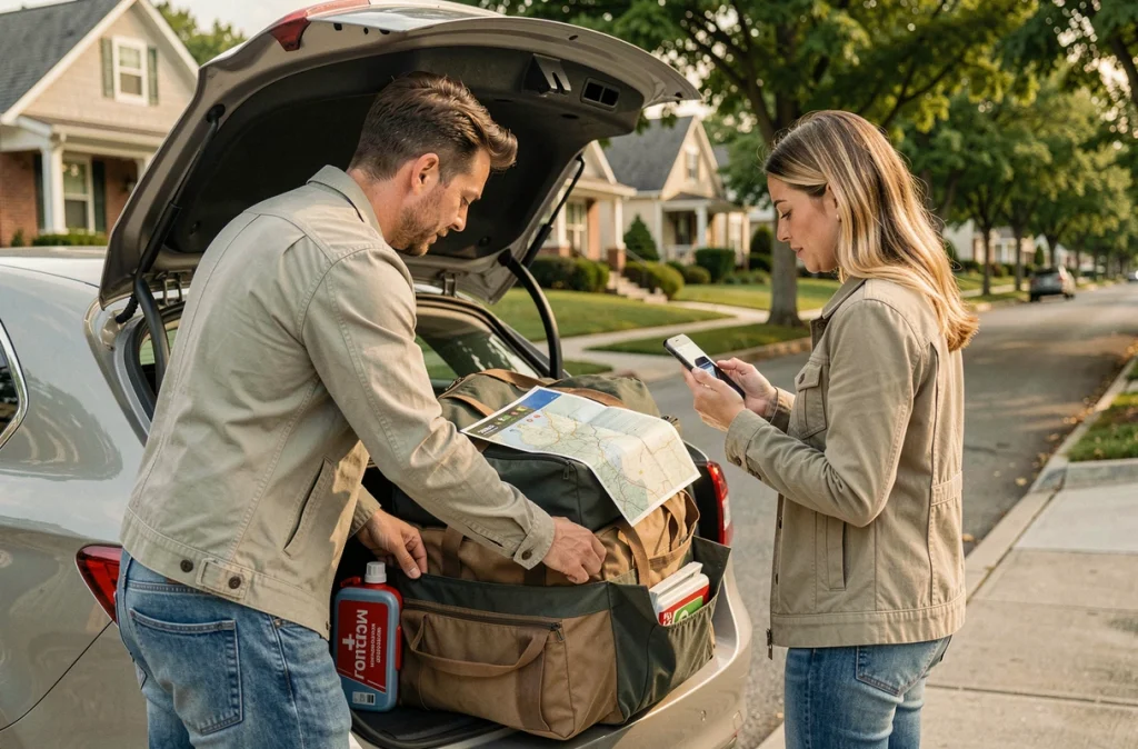 Couple préparant le coffre de leur voiture avec bagages et trousse de secours avant un long trajet