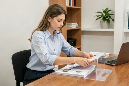 Jeune femme organisant un dossier de location avec des documents imprimés sur un bureau en bois