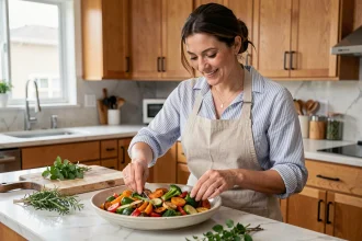 Femme préparant un plat de légumes rôtis colorés dans une cuisine familiale moderne