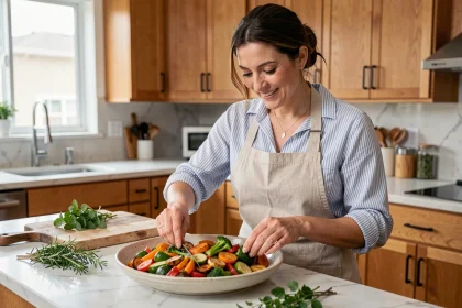 Femme préparant un plat de légumes rôtis colorés dans une cuisine familiale moderne