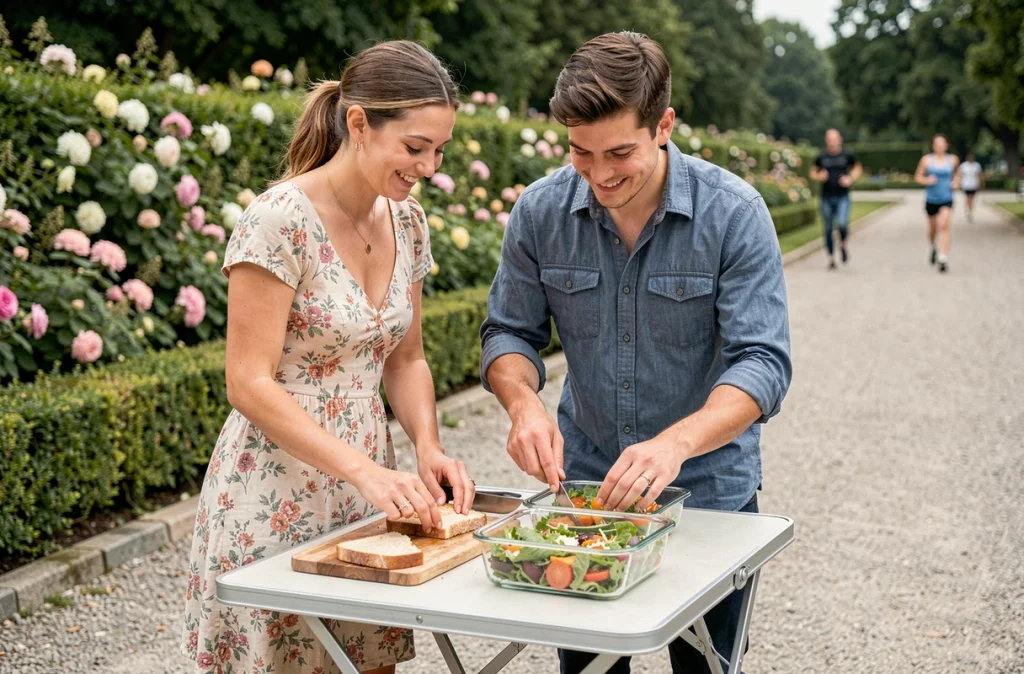 Couple de jeunes adultes préparant des sandwichs et des salades pour un pique-nique dans un parc urbain ensoleillé