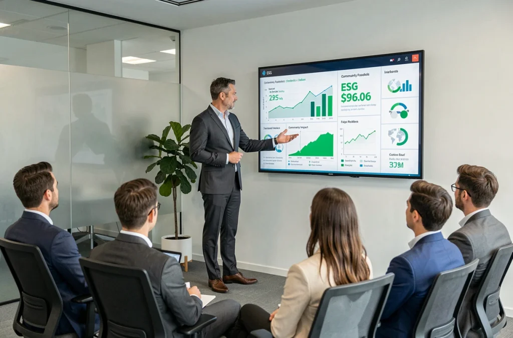 Cadre d'entreprise présentant des indicateurs ESG et des données de performance en matière de responsabilité sociale lors d'une réunion corporative