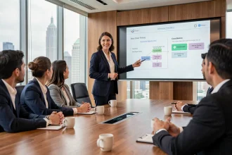 Entrepreneuse présentant un pitch deck à des investisseurs dans une salle de réunion moderne lors d'une levée de fonds