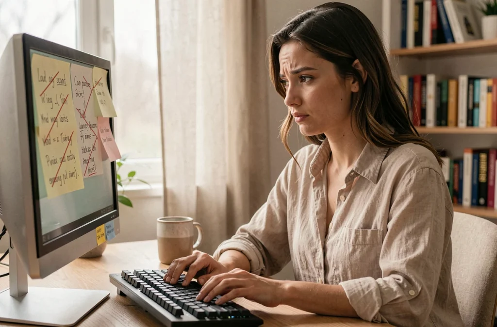 Jeune professionnelle corrigeant des formulations d'email avec des post-it annotés dans un bureau à domicile bien organisé