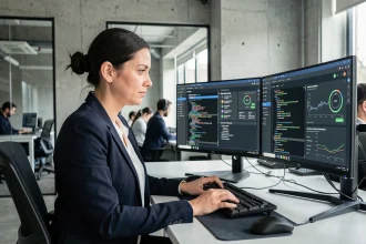 Professionnelle en cybersécurité analysant des tableaux de bord de sécurité réseau sur des moniteurs dans un bureau moderne
