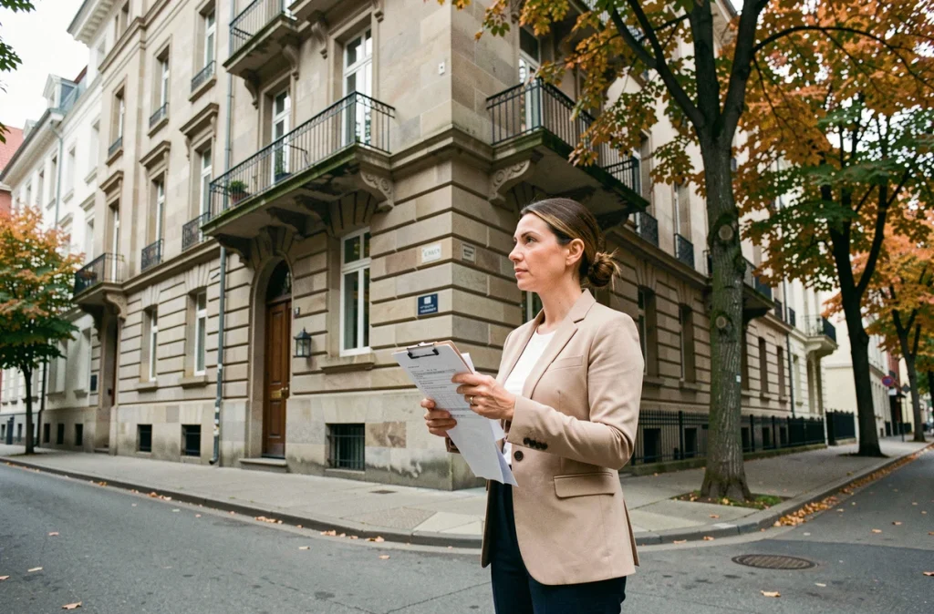 Propriétaire bailleurs devant un immeuble locatif urbain tenant des documents de contrat de location