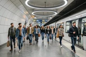Quai de la ligne 14 du métro parisien avec des voyageurs modernes et une architecture contemporaine en courbes blanches
