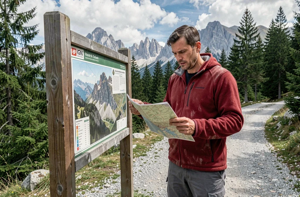Randonneur comparant une carte IGN avec un panneau d'information au départ d'un sentier de montagne