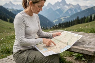 Randonneuse étudiant une carte topographique des montagnes françaises à une table en bois en plein air