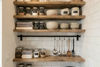 Petite cuisine urbaine avec étagères en bois organisées, bocaux en verre étiquetés et ustensiles suspendus pour un rangement optimisé