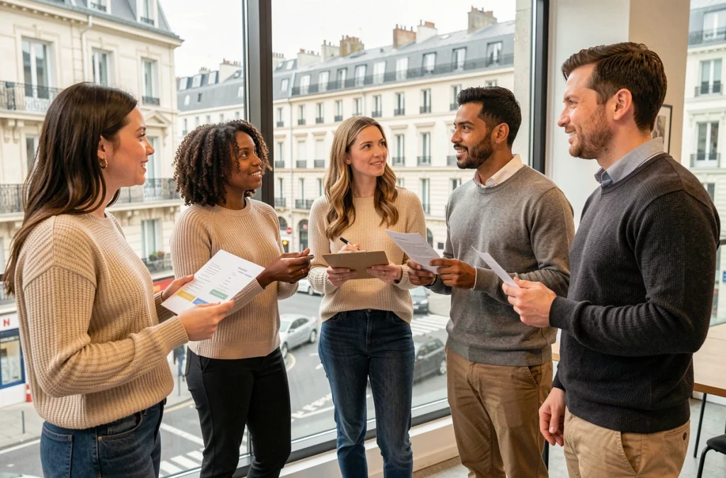 Entrepreneurs de PME en rétrospective agile dans un espace de co-working avec vue urbaine