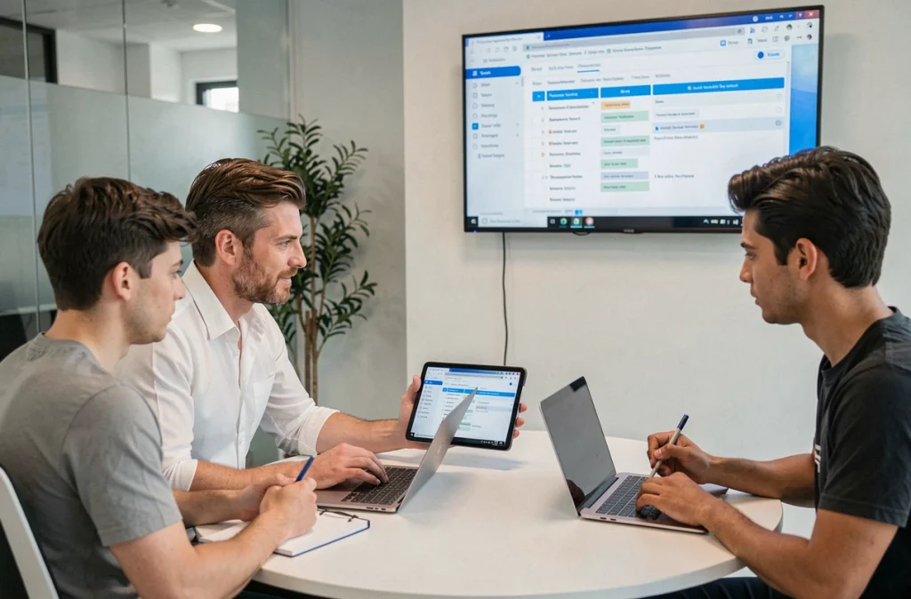 Réunion agile dans une PME avec chef de projet et collaborateurs autour d'un backlog numérique