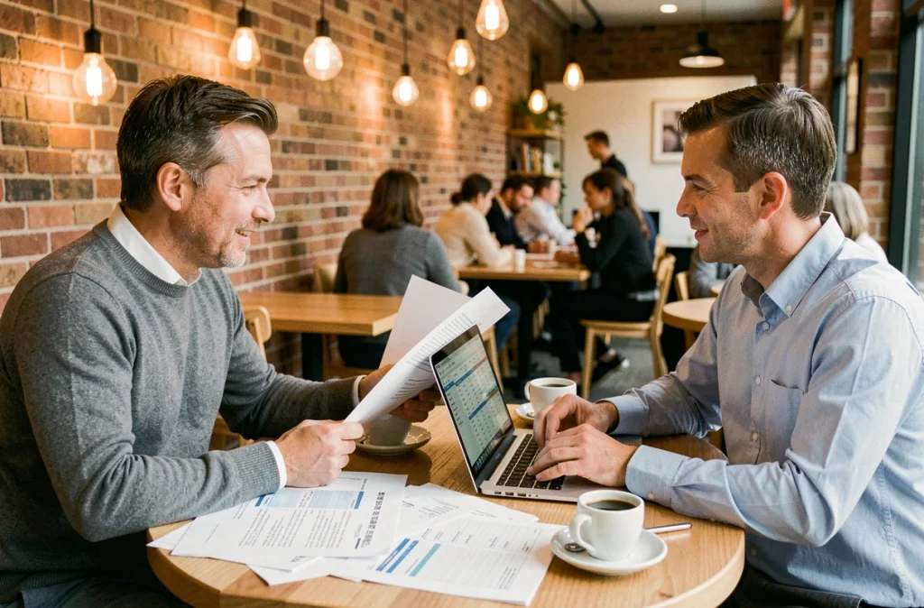 Deux entrepreneurs en réunion de travail dans un café, analysant des documents financiers pour préparer une levée de fonds