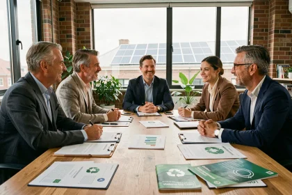 Équipe de professionnels en réunion autour de rapports de responsabilité sociale et de développement durable dans un bureau moderne