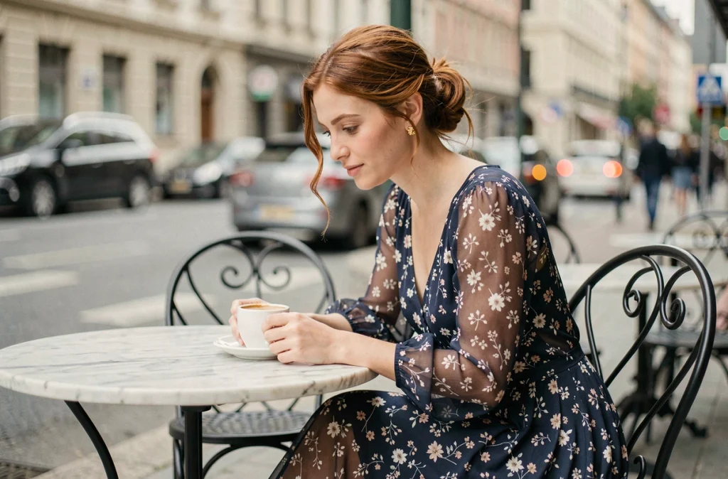 Jeune femme en robe longue à petits motifs floraux marine assise en terrasse de café parisien