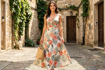 Femme portant une robe longue à motifs floraux corail et vert sauge dans une cour pavée ensoleillée