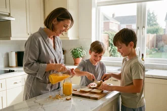 Mère et enfants préparant le petit-déjeuner ensemble dans une cuisine moderne, illustrant une routine familiale matinale apaisante