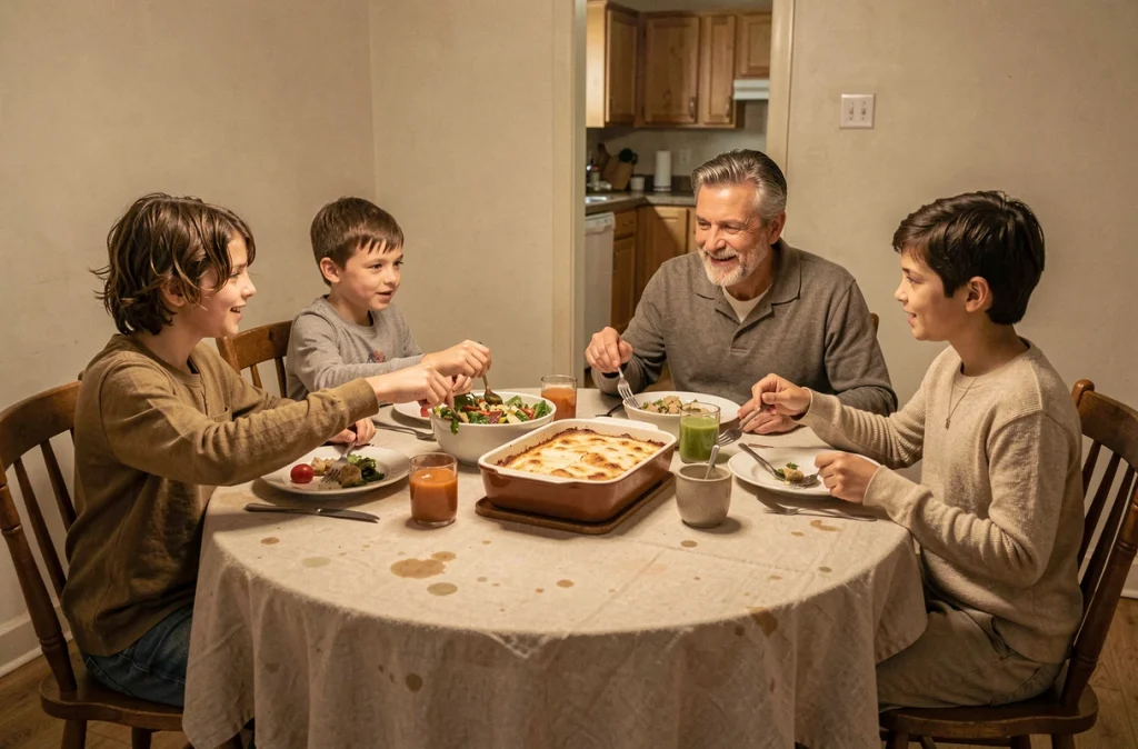 Famille réunie autour de la table pour un dîner du soir simple et convivial, illustrant l'importance des rituels repas dans la routine familiale
