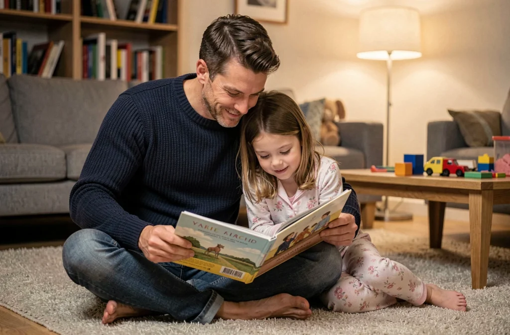 Père et fille lisant un livre ensemble sur le tapis du salon lors d'une routine du soir, moment de complicité familiale sereine