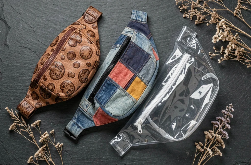 Trois sacs banane aux matières innovantes — cuir de champignon, denim recyclé et PVC transparent — posés sur ardoise sombre