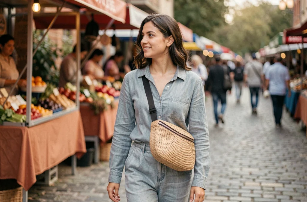 Femme portant un sac banane en raphia tressé dans un marché urbain en plein air, look naturel et tendance matières