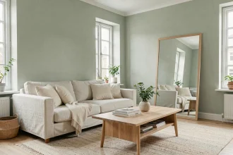 Salon scandinave aux tons blanc et vert sauge pâle avec miroir mural pour agrandir visuellement l'espace