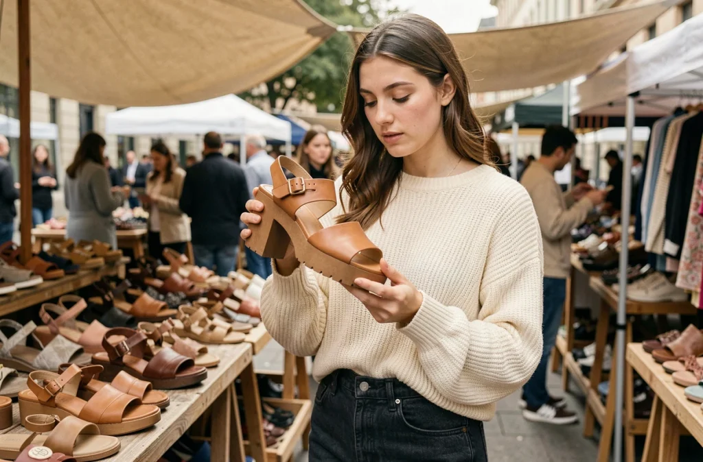 Jeune femme examinant une paire de sandales plateformes en cuir camel dans un marché en plein air